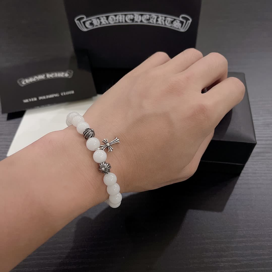 Chrome Hearts White Bead Bracelet with Cross Charm
